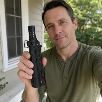 Man on his porch holding a TacFlame