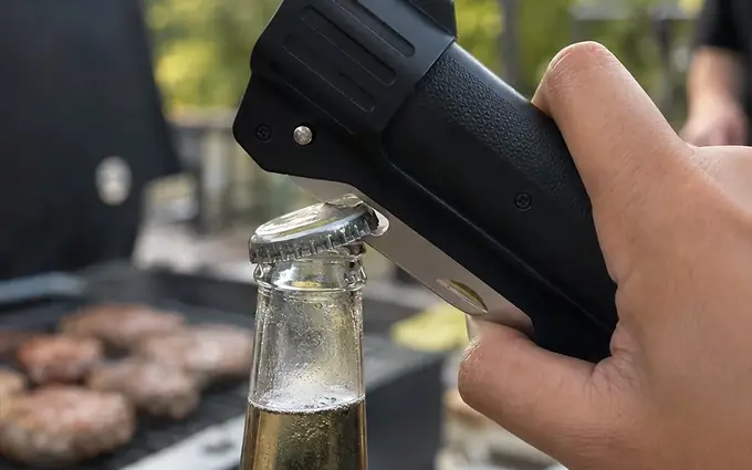 TacFlame torch head opening a beer bottle next to a grill