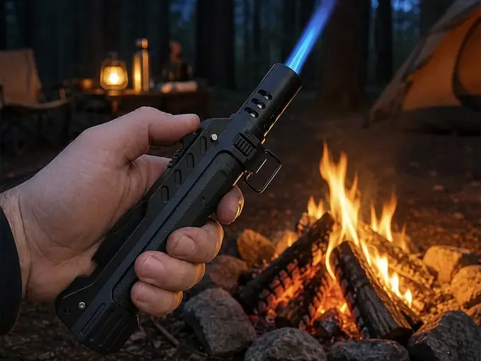 Hand holding the TacFlame with its blue jet flame lit over a campfire at dusk