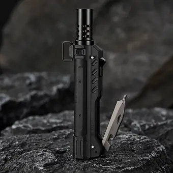 TacFlame standing on a rock with its folding knife blade out