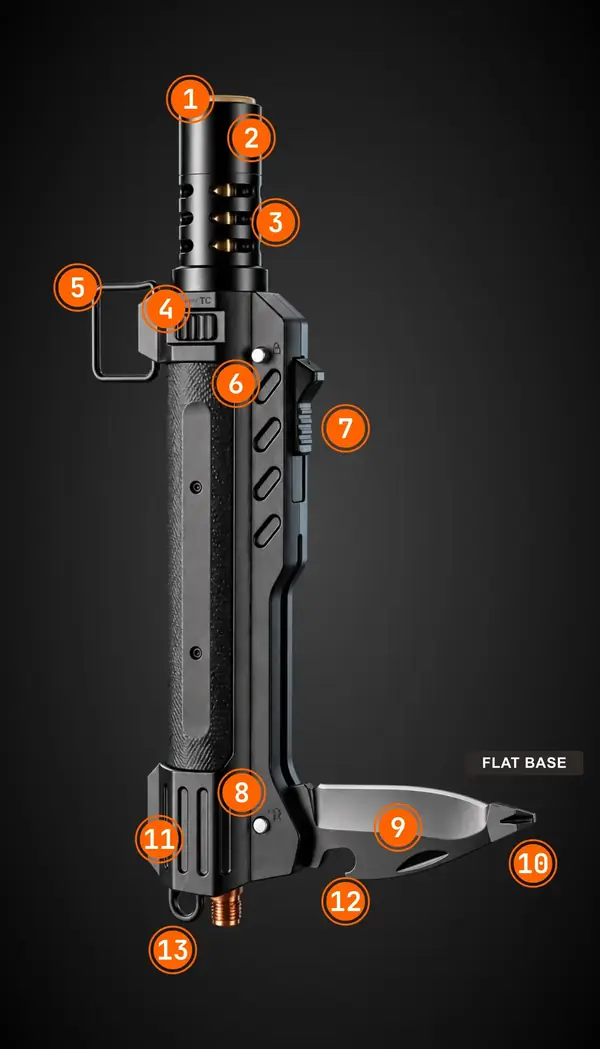 Annotated TacFlame diagram with 13 numbered parts, from the jet nozzle at the top to the flat base at the bottom