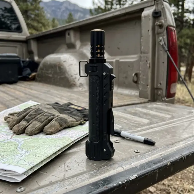 TacFlame standing upright on a truck tailgate next to work gloves, a map and a marker
