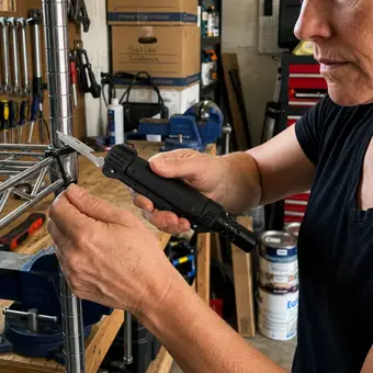 Person in a garage workshop using the TacFlame folding knife